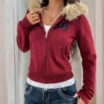 Womens French-Elegant Coat With Zipper And Faux Fur Collar - Image 2