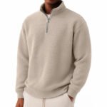 Solid-color Pullover Zip-up Relaxed-fit Casual Premium Waffle-knit Long-sleeve Polo Shirt - Image 5