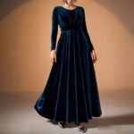 Women's Elegant Velvet Pleated Long Sleeve Cocktail Party Formal Wedding Guest A-Line Maxi Long Dress - Image 4