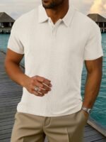 Mens Short-sleeve Lapel Textured T-shirt Top - Image 6