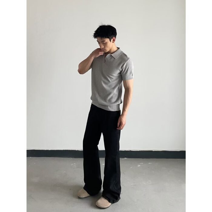 V-neck Slim-fit Lapel-striped Short-sleeve Knit - Image 7