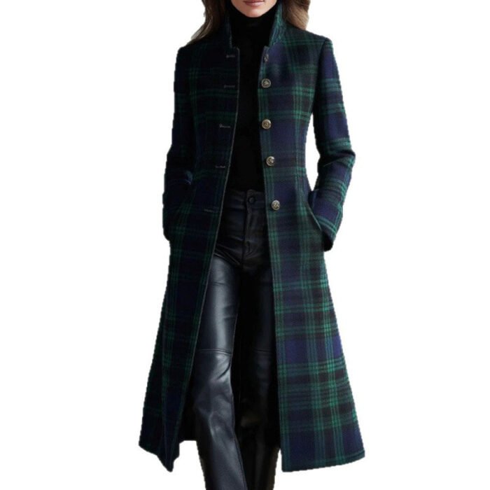 Womens Single-Breasted Plaid Long-Sleeve Long Cardigan Coat - Image 4