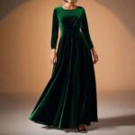 Women's Elegant Velvet Pleated Long Sleeve Cocktail Party Formal Wedding Guest A-Line Maxi Long Dress
