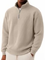Solid-color Pullover Zip-up Relaxed-fit Casual Premium Waffle-knit Long-sleeve Polo Shirt - Image 7