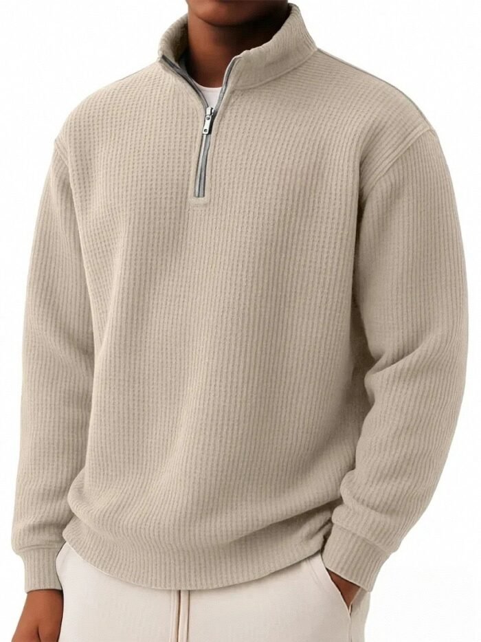 Solid-color Pullover Zip-up Relaxed-fit Casual Premium Waffle-knit Long-sleeve Polo Shirt - Image 7