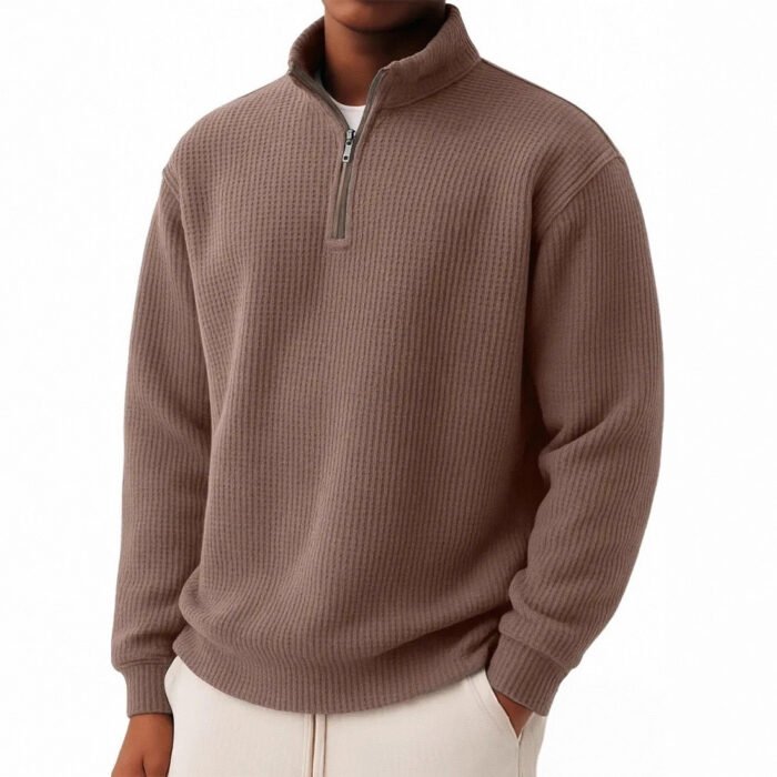 Solid-color Pullover Zip-up Relaxed-fit Casual Premium Waffle-knit Long-sleeve Polo Shirt - Image 6