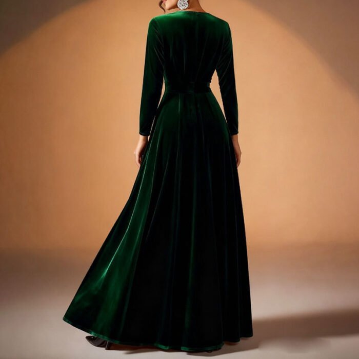 Women's Elegant Velvet Pleated Long Sleeve Cocktail Party Formal Wedding Guest A-Line Maxi Long Dress - Image 7