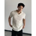 V-neck Slim-fit Lapel-striped Short-sleeve Knit - Image 6