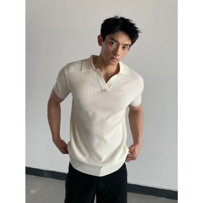 V-neck Slim-fit Lapel-striped Short-sleeve Knit - Image 6