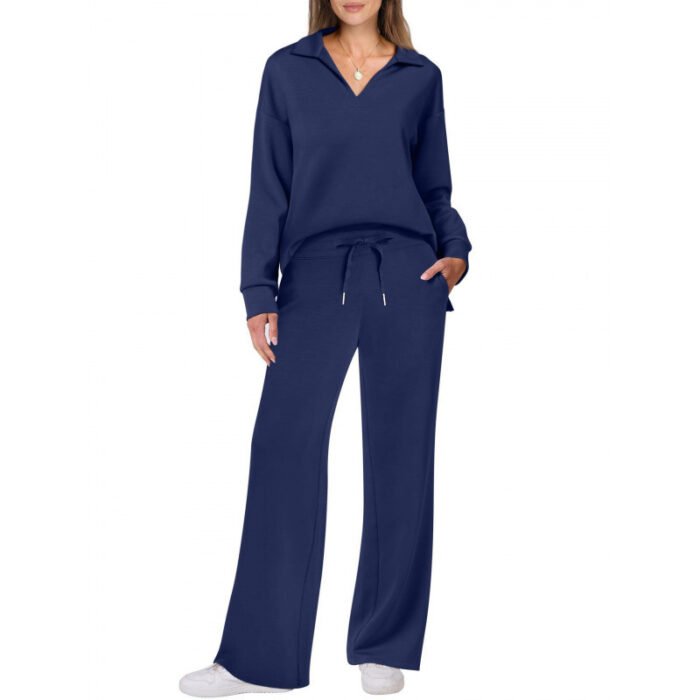 Women's Tracksuit Sports Suit V-neck Long-sleeved Pullover Top And Drawstring Straight-leg Trousers Casual Solid Trousers Set - Image 5