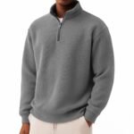 Solid-color Pullover Zip-up Relaxed-fit Casual Premium Waffle-knit Long-sleeve Polo Shirt - Image 4