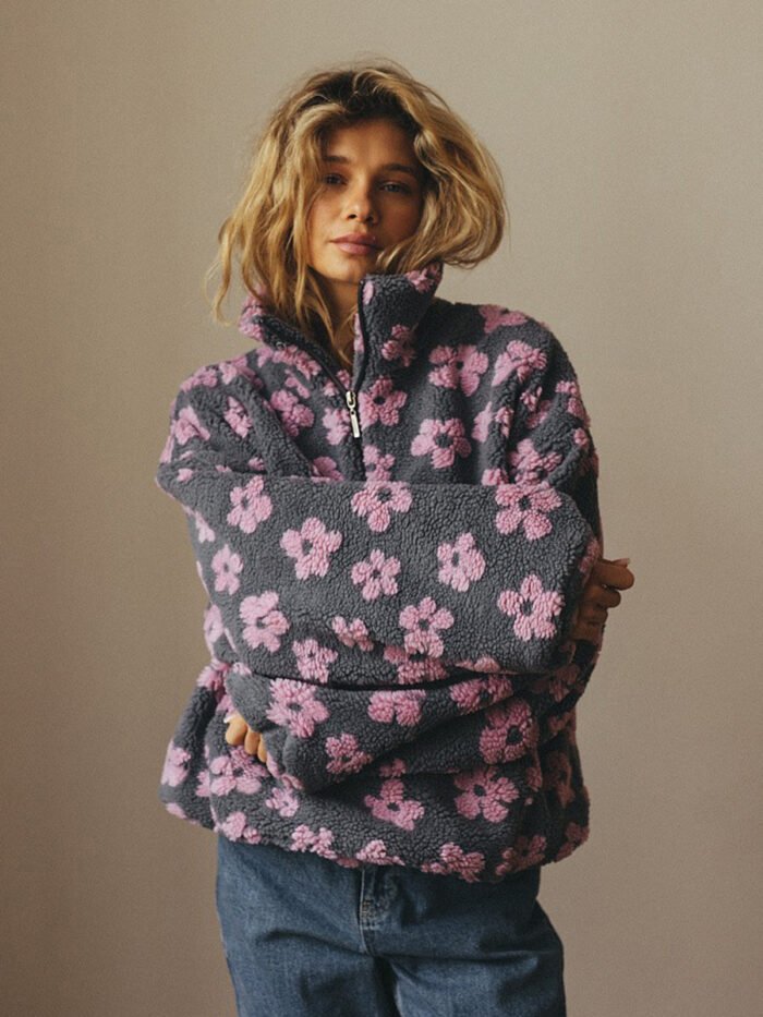 Winter Flowers Lambskin Sweatshirt With Big Pocket Casual Loose Zip-up Lapel Pullover Top Women's Clothing - Image 10