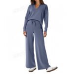 Women's Tracksuit Sports Suit V-neck Long-sleeved Pullover Top And Drawstring Straight-leg Trousers Casual Solid Trousers Set - Image 10