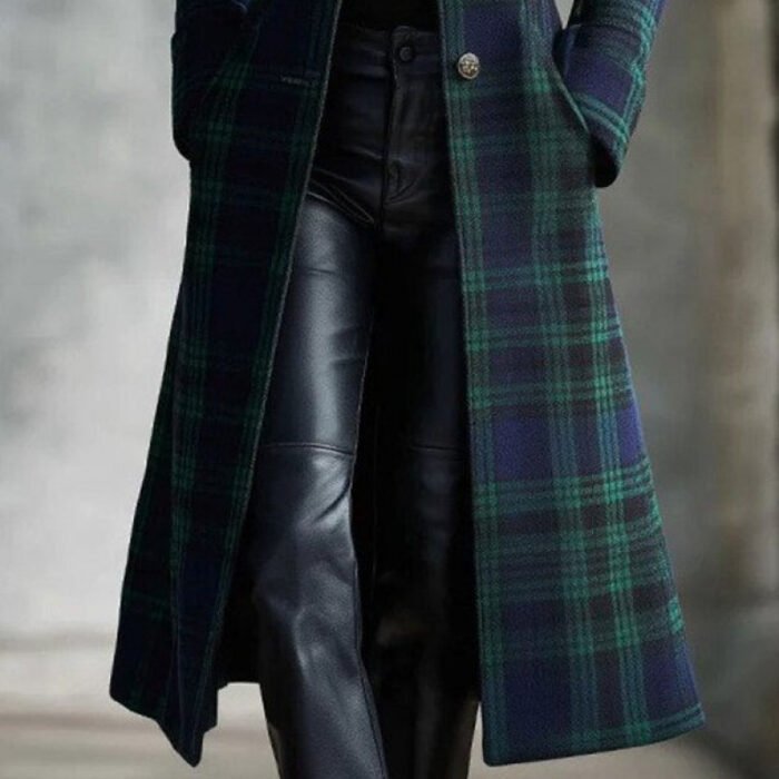 Womens Single-Breasted Plaid Long-Sleeve Long Cardigan Coat - Image 2