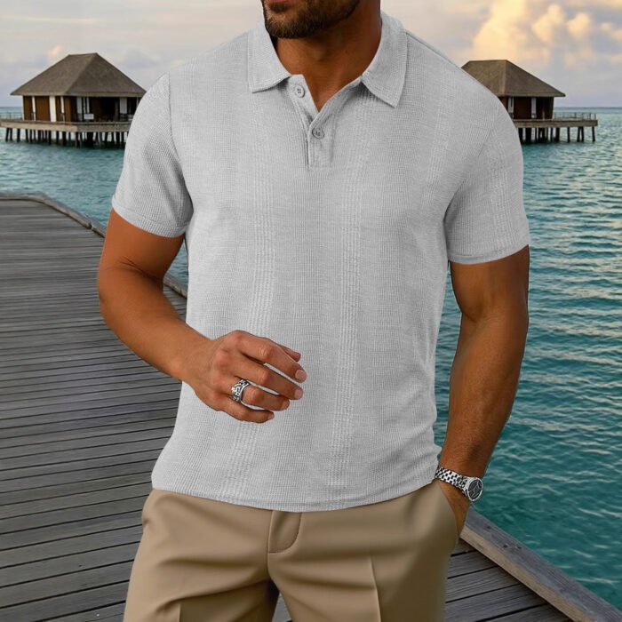Mens Short-sleeve Lapel Textured T-shirt Top - Image 2