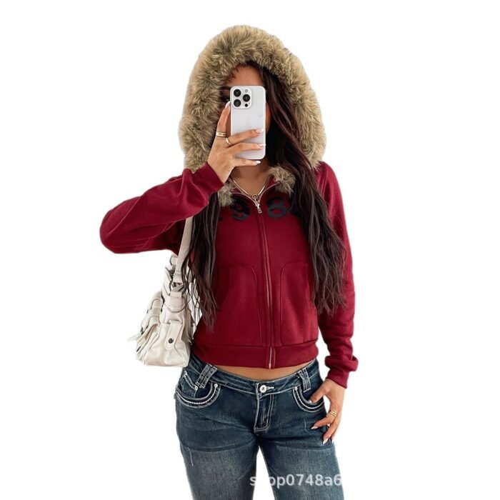 Womens French-Elegant Coat With Zipper And Faux Fur Collar - Image 3