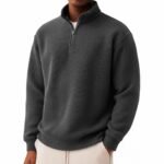 Solid-color Pullover Zip-up Relaxed-fit Casual Premium Waffle-knit Long-sleeve Polo Shirt - Image 3