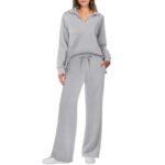 Women's Tracksuit Sports Suit V-neck Long-sleeved Pullover Top And Drawstring Straight-leg Trousers Casual Solid Trousers Set - Image 9