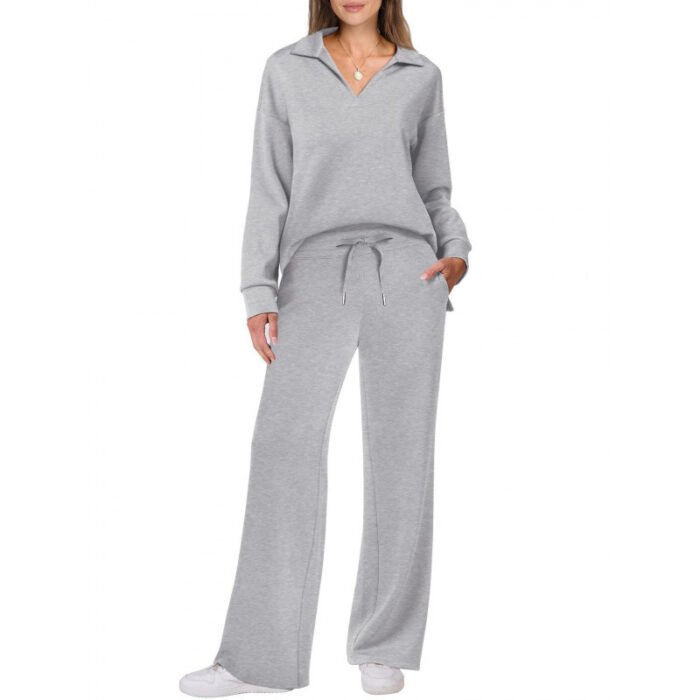 Women's Tracksuit Sports Suit V-neck Long-sleeved Pullover Top And Drawstring Straight-leg Trousers Casual Solid Trousers Set - Image 9