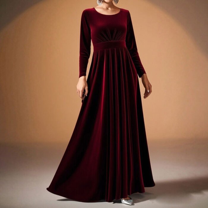 Women's Elegant Velvet Pleated Long Sleeve Cocktail Party Formal Wedding Guest A-Line Maxi Long Dress - Image 3