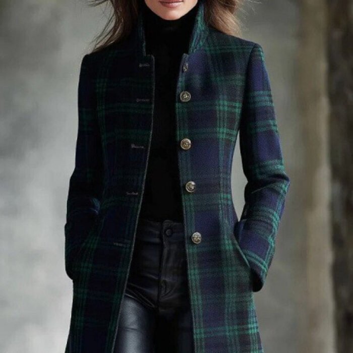 Womens Single-Breasted Plaid Long-Sleeve Long Cardigan Coat - Image 5
