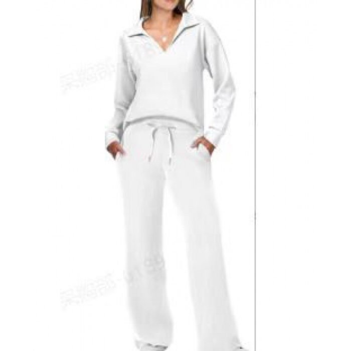 Women's Tracksuit Sports Suit V-neck Long-sleeved Pullover Top And Drawstring Straight-leg Trousers Casual Solid Trousers Set - Image 4