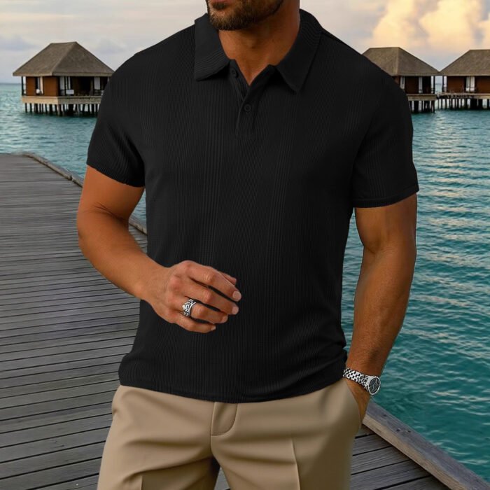 Mens Short-sleeve Lapel Textured T-shirt Top - Image 3