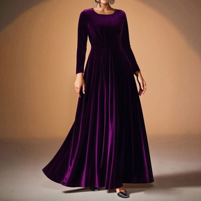 Women's Elegant Velvet Pleated Long Sleeve Cocktail Party Formal Wedding Guest A-Line Maxi Long Dress - Image 5