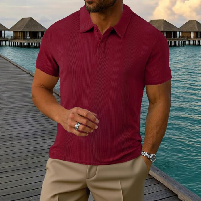 Mens Short-sleeve Lapel Textured T-shirt Top - Image 5