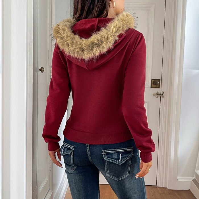 Womens French-Elegant Coat With Zipper And Faux Fur Collar - Image 4