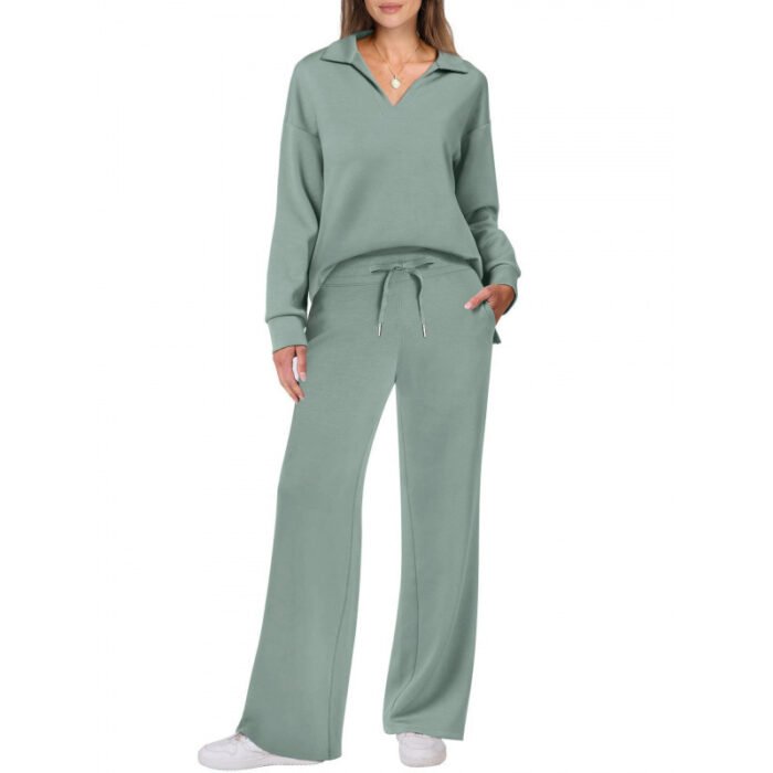 Women's Tracksuit Sports Suit V-neck Long-sleeved Pullover Top And Drawstring Straight-leg Trousers Casual Solid Trousers Set - Image 6