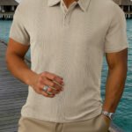 Mens Short-sleeve Lapel Textured T-shirt Top