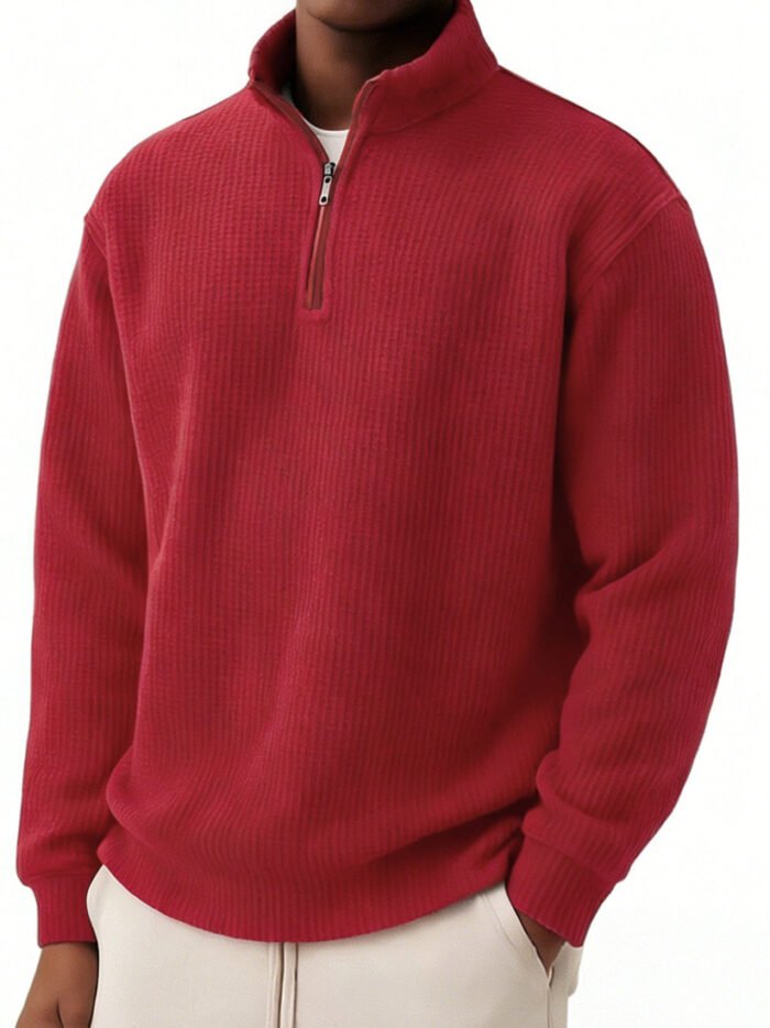 Solid-color Pullover Zip-up Relaxed-fit Casual Premium Waffle-knit Long-sleeve Polo Shirt - Image 8