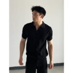 V-neck Slim-fit Lapel-striped Short-sleeve Knit - Image 8