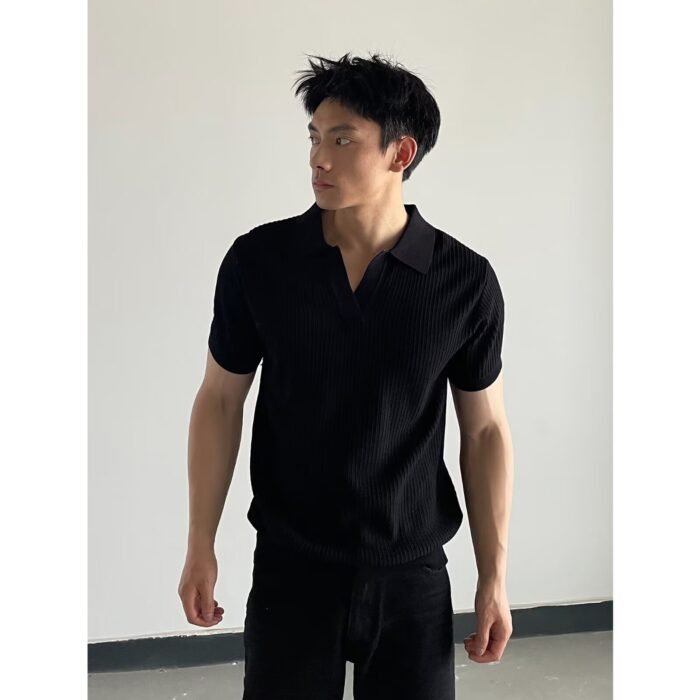 V-neck Slim-fit Lapel-striped Short-sleeve Knit - Image 8