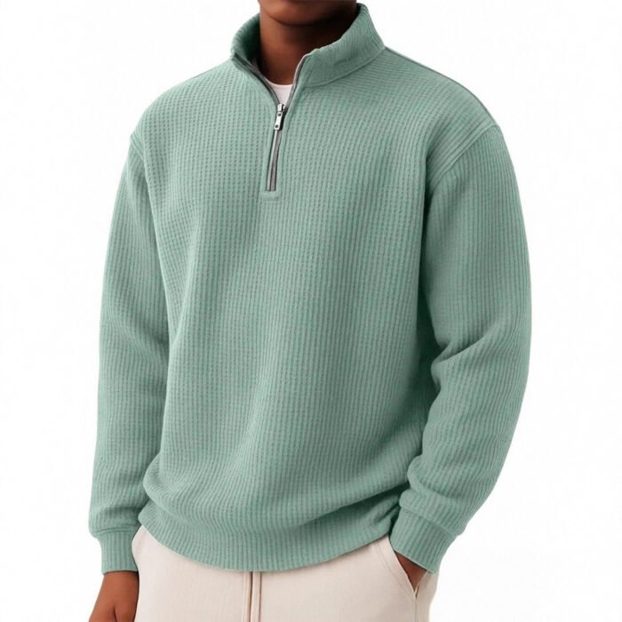 Solid-color Pullover Zip-up Relaxed-fit Casual Premium Waffle-knit Long-sleeve Polo Shirt - Image 10