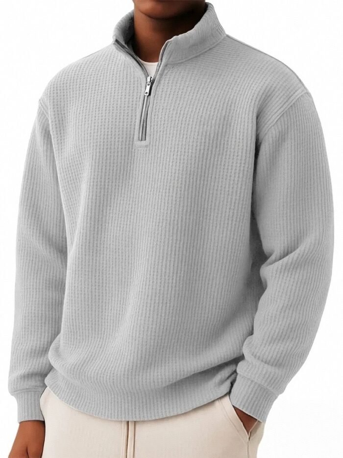 Solid-color Pullover Zip-up Relaxed-fit Casual Premium Waffle-knit Long-sleeve Polo Shirt - Image 2