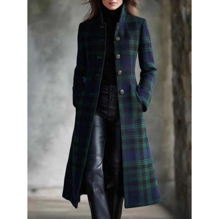 Womens Single-Breasted Plaid Long-Sleeve Long Cardigan Coat - Image 3