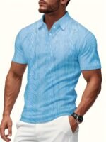 Mens Short-sleeve Lapel Textured T-shirt Top - Image 4