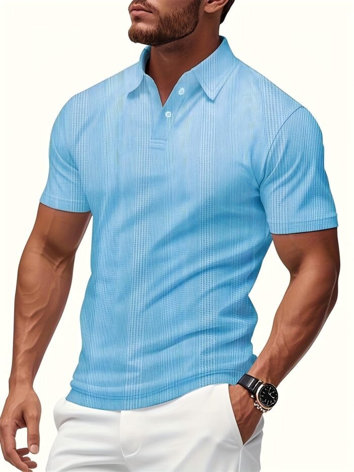 Mens Short-sleeve Lapel Textured T-shirt Top - Image 4