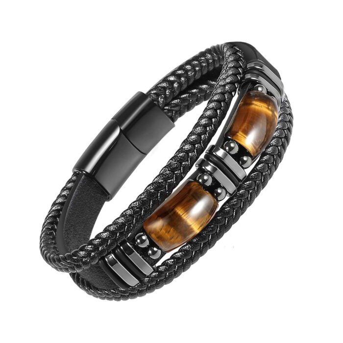 Natural Tiger Eye Stone Bracelet For Men Women - Handmade Leather Braided Healing Bracelet, Courage & Luck Meaning, Birthday Christmas Gift - Image 3