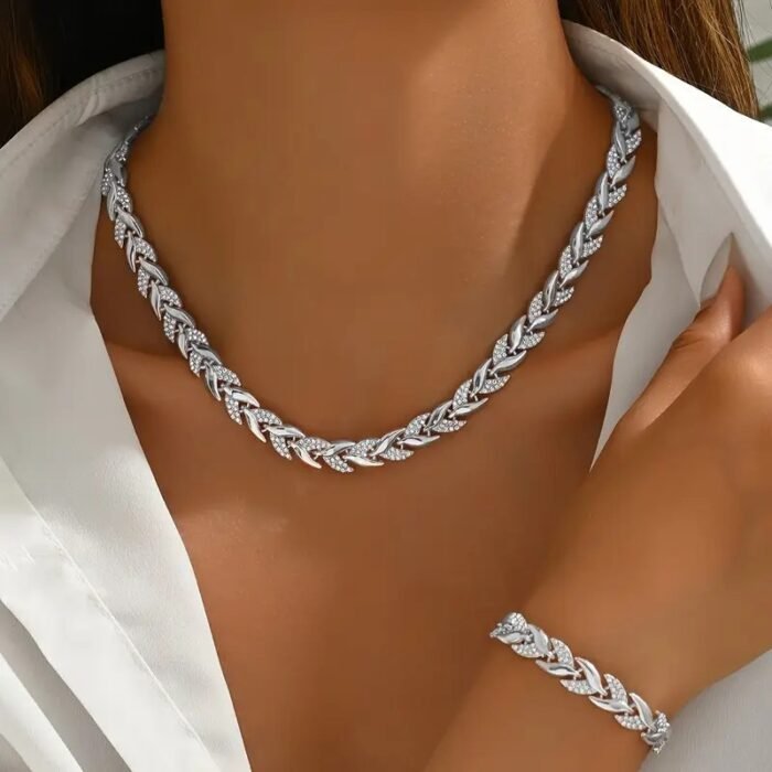 2PCS Glass Leaf Necklace Set Elegant Rhinestone Chain Necklace Bracelet For Women Fashion Luxury Jewelry Set - Image 3
