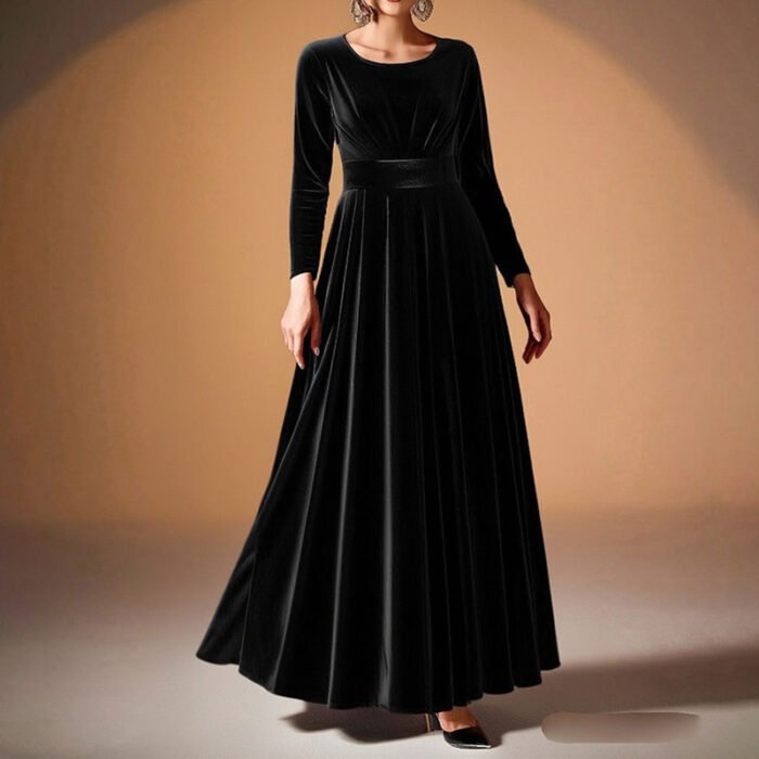 Women's Elegant Velvet Pleated Long Sleeve Cocktail Party Formal Wedding Guest A-Line Maxi Long Dress - Image 6