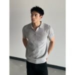 V-neck Slim-fit Lapel-striped Short-sleeve Knit - Image 5