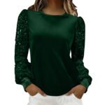 Velvet Crew-Neck Sequin-Patchwork Long-Sleeve T-Shirt Top - Image 10