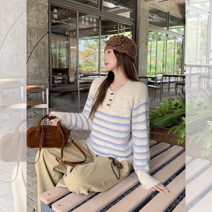 Womens Casual Striped Half-zip Long-sleeve Base Top - Image 2