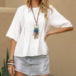 Hollow-Out Womens Cotton-Linen Casual Solid-Color Three-Quarter-Sleeve Shirt - Image 2