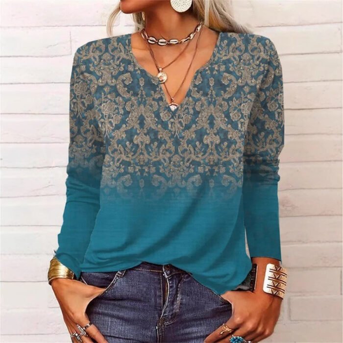 Spring Loose Long Sleeve Floral V-neck T-shirt Bottoming Shirt - Image 2