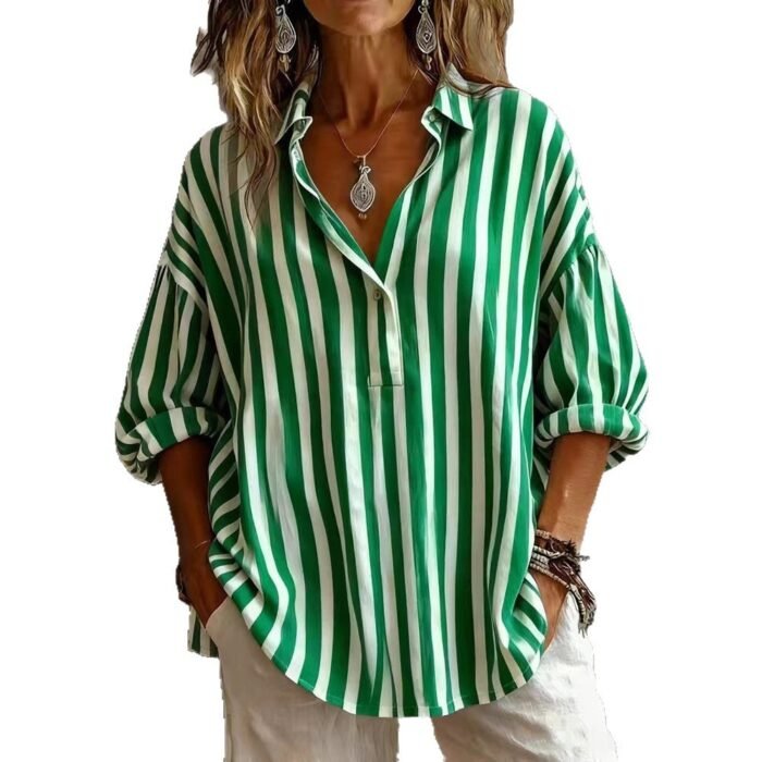 Womens Loose-fitting Striped Long-sleeve Pullover Shirt - Image 2