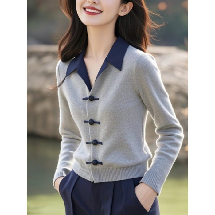 Womens Minimalist Elegant New Chinese-Style Knot-Button Knitted Top - Image 5